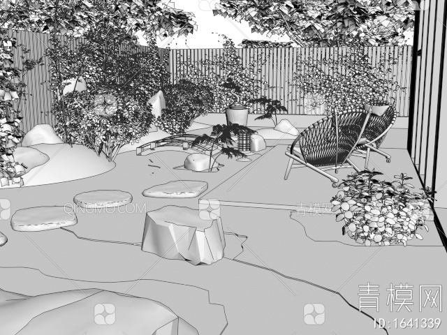 居家庭院景观 枯山水 假山石头 置石 汀步 植物景观 围栏3D模型下载【ID:1641339】