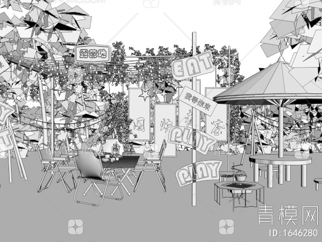 露营公园景观 围炉煮茶 露营打卡点 户外桌椅 茅草亭3D模型下载【ID:1646280】
