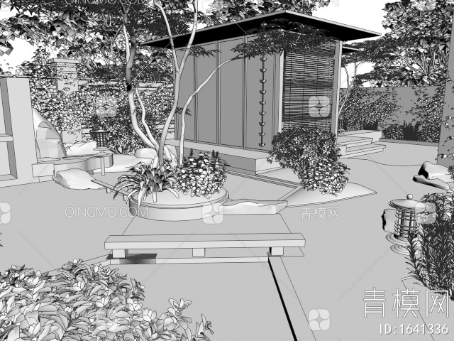庭院景观 茶室 榻榻米茶桌椅 植物景观 假山水景 红枫树3D模型下载【ID:1641336】