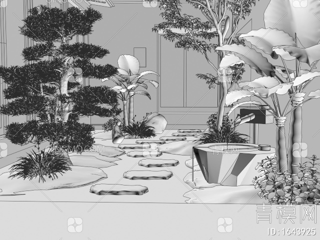 居家庭院景观 禅意园艺造景 水钵 苔藓草地 景观树3D模型下载【ID:1643925】