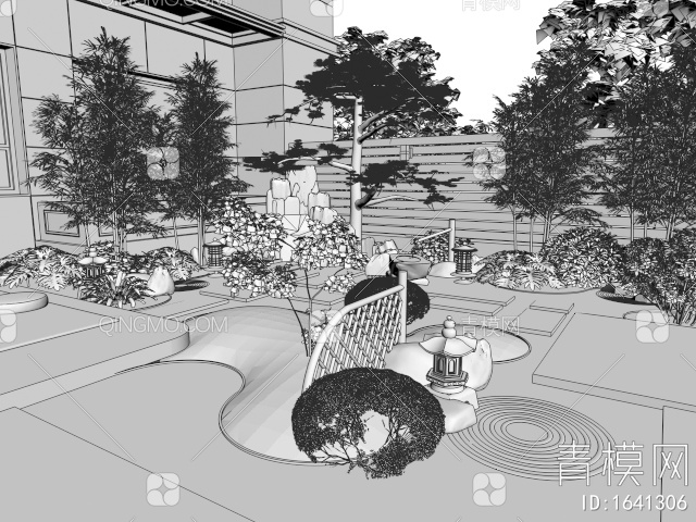 枯山水居家庭院景观 假山水景 水钵 汀步 庭院造景 石头 植物景观 松树 竹子3D模型下载【ID:1641306】