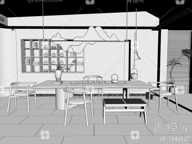 茶室 茶桌椅 茶台 山脉造型吊灯 休闲椅3D模型下载【ID:1646232】