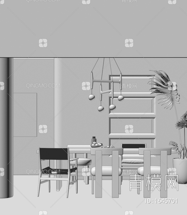 餐厅,餐桌椅，吊灯，装饰画，盆栽3D模型下载【ID:1645701】