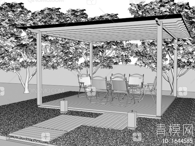 庭院廊架 景观亭子 景观廊架 户外桌椅 鹅卵石3D模型下载【ID:1644585】