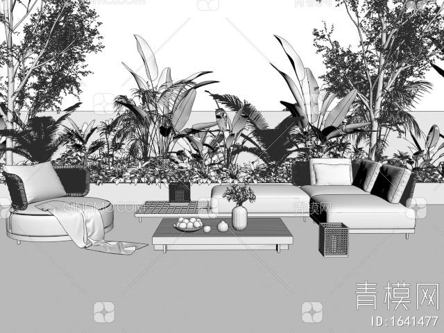 户外沙发 藤编休闲沙发 单人沙发 灌木绿植 户外植物3D模型下载【ID:1641477】