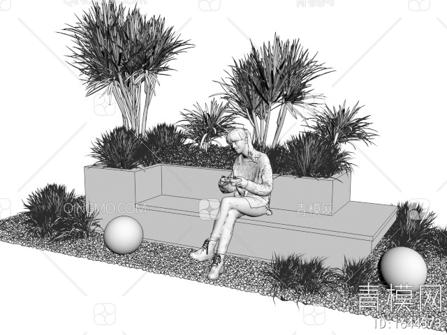 景观座椅 花池 植物组合 植物堆 鹅卵石 坐姿人物3D模型下载【ID:1644573】
