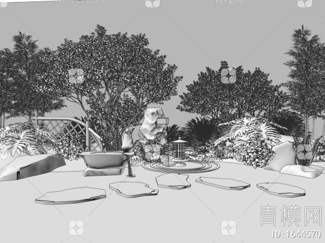 庭院小品 枯山水园艺造景 水钵 植物堆 灌木 花草3D模型下载【ID:1644570】