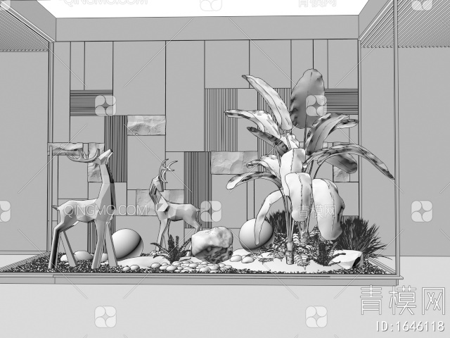 室内景观造景 庭院小品 麋鹿雕塑 植物堆 花境 植物组合 苔藓3D模型下载【ID:1646118】