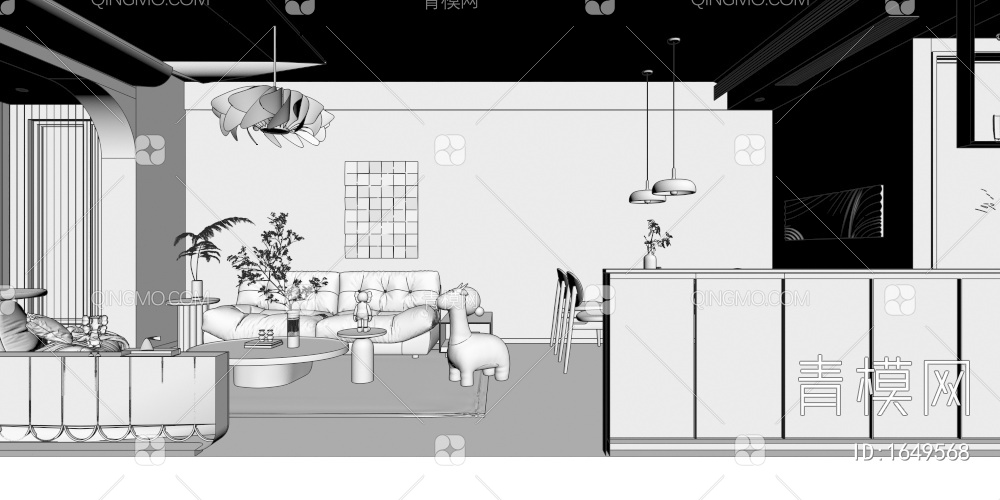 客餐厅 厨房 卫生间 卧室3D模型下载【ID:1649568】