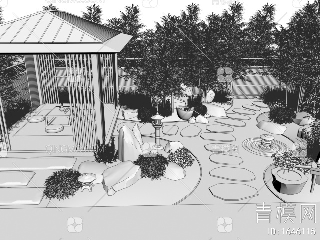 庭院景观 枯山水园艺造景 亭子 汀步 竹子围栏 水钵 景观石 花草植物3D模型下载【ID:1646115】