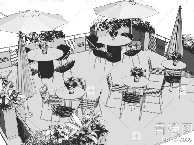 户外桌椅 商业外摆区 植物花箱 花草3D模型下载【ID:1646085】