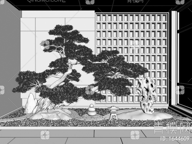 庭院小品 室内景观造景 松树 枯山石 禅意景观3D模型下载【ID:1644609】
