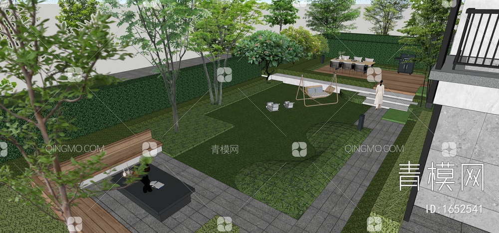 庭院景观，秋千，草坪，聚餐桌椅组合SU模型下载【ID:1652541】