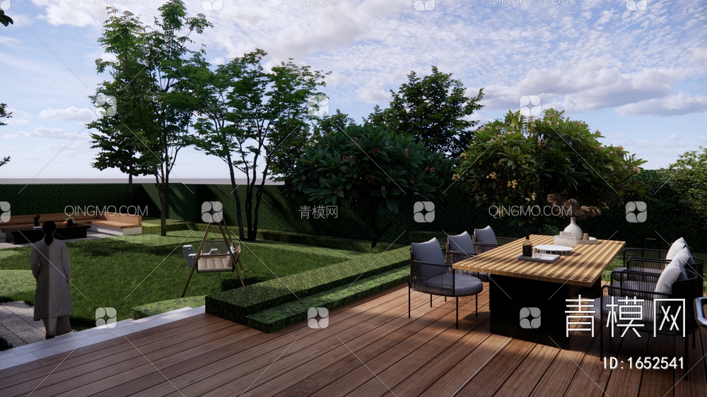 庭院景观，秋千，草坪，聚餐桌椅组合SU模型下载【ID:1652541】