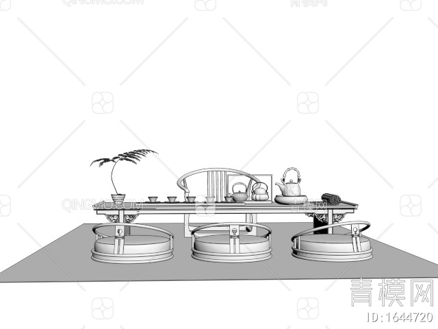 榻榻米茶桌椅 茶台 茶具摆件 坐垫椅3D模型下载【ID:1644720】