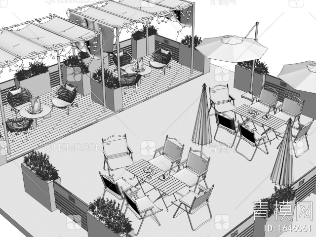 商业外摆区 咖啡厅外摆 户外桌椅 遮阳伞 盆栽 花箱3D模型下载【ID:1646061】