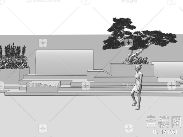流水景墙 叠水景观 跌水景墙 假山水景 松树 美女人物3D模型下载【ID:1642011】