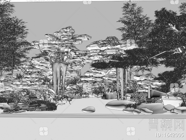 假山水景 天井室内景观造景 植物景观 石头松树小品 灌木绿植 竹子3D模型下载【ID:1642005】