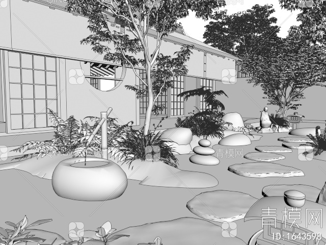 枯山水庭院景观 植物堆景观 禅意园艺造景 水钵 景观石 树木 蕨类植物3D模型下载【ID:1643598】