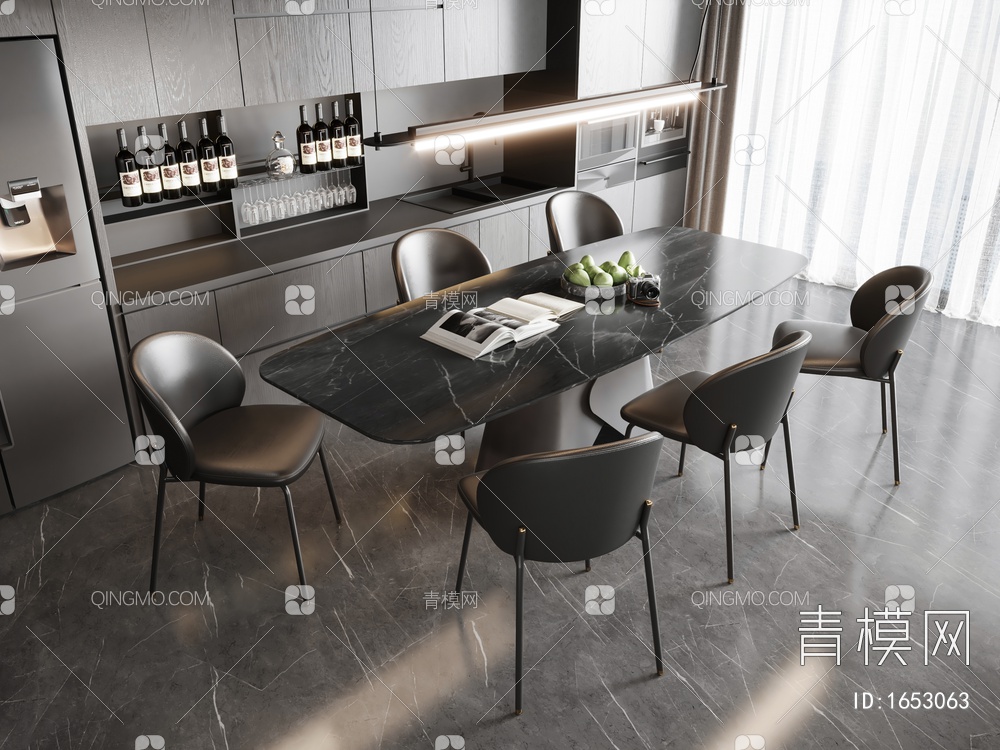 餐桌椅组合 餐厅 单椅 酒柜3D模型下载【ID:1653063】