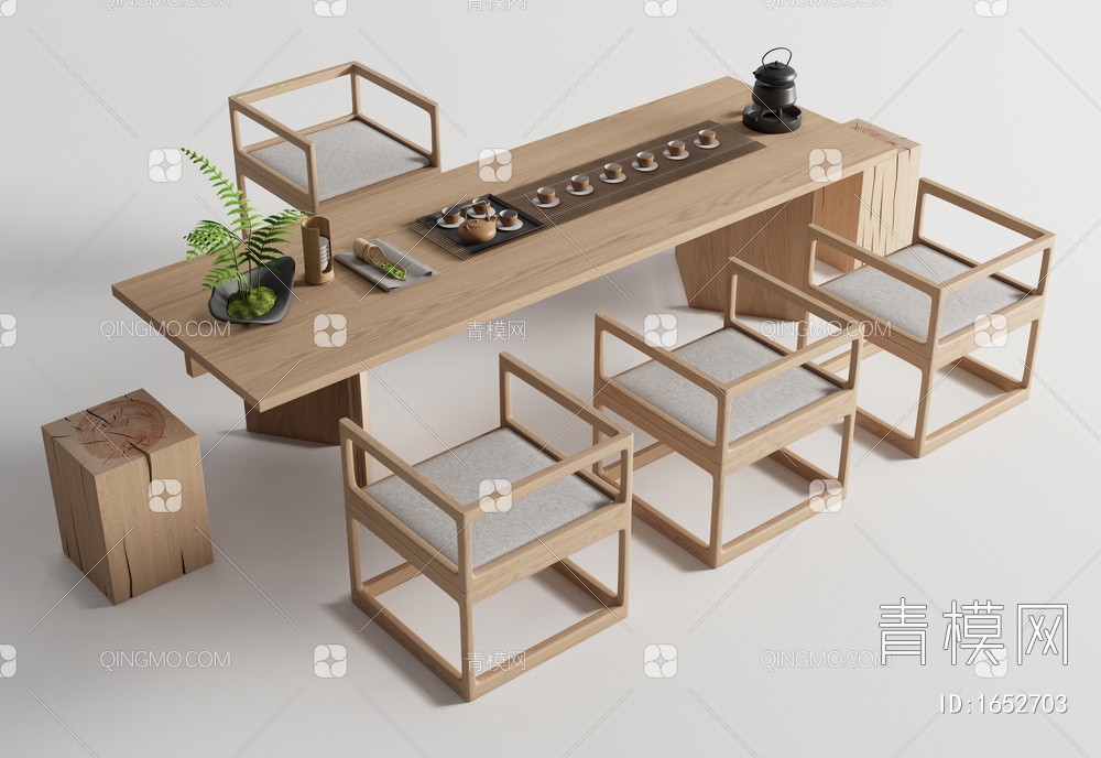 茶桌椅 茶台 茶具组合 苔藓盆栽3D模型下载【ID:1652703】