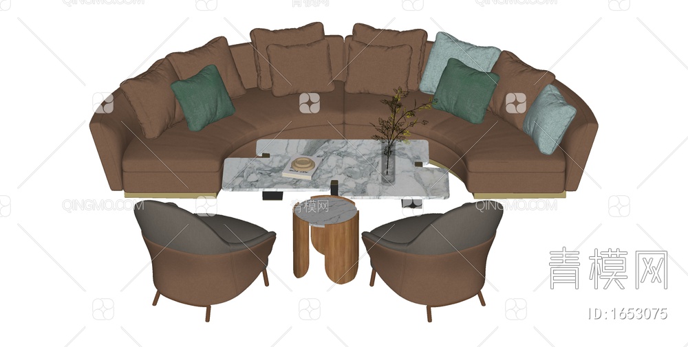 沙发茶几组合弧形沙发 多人沙发SU模型下载【ID:1653075】