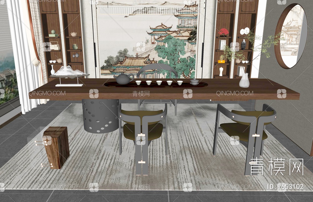 茶桌椅组合SU模型下载【ID:1653102】