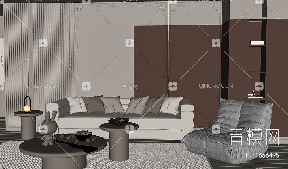 奶油风客厅背景墙，沙发组合，摆件SU模型下载【ID:1656495】