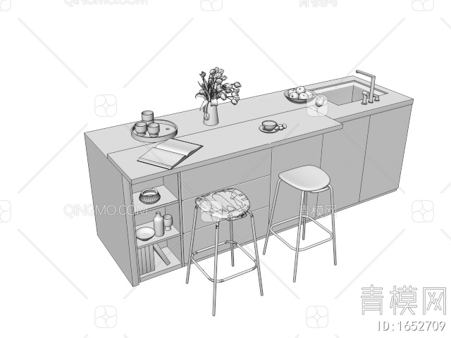 吧台吧椅组合 吧台 中岛台 花瓶果盘 水槽3D模型下载【ID:1652709】
