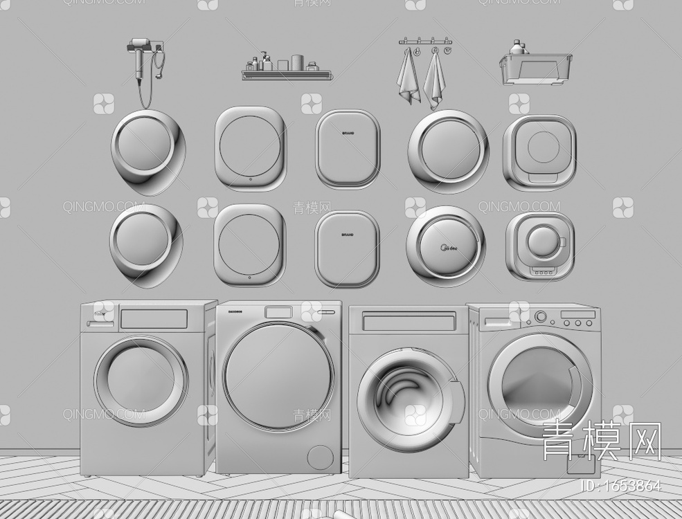 滚筒洗衣机 壁挂式洗衣机 吹风机 烘干机 毛巾架置物架3D模型下载【ID:1653864】