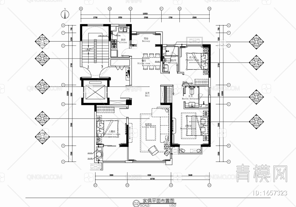 130㎡三居室家装施工图 家装 样板间 私宅 平层【ID:1657323】