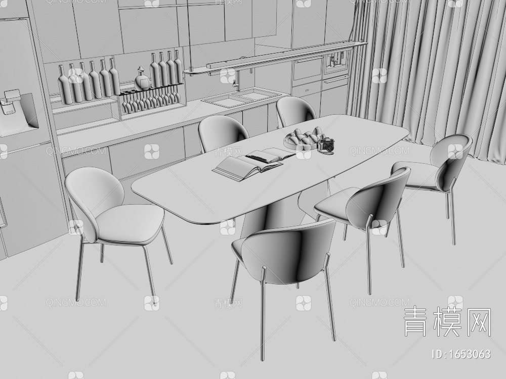 餐桌椅组合 餐厅 单椅 酒柜3D模型下载【ID:1653063】