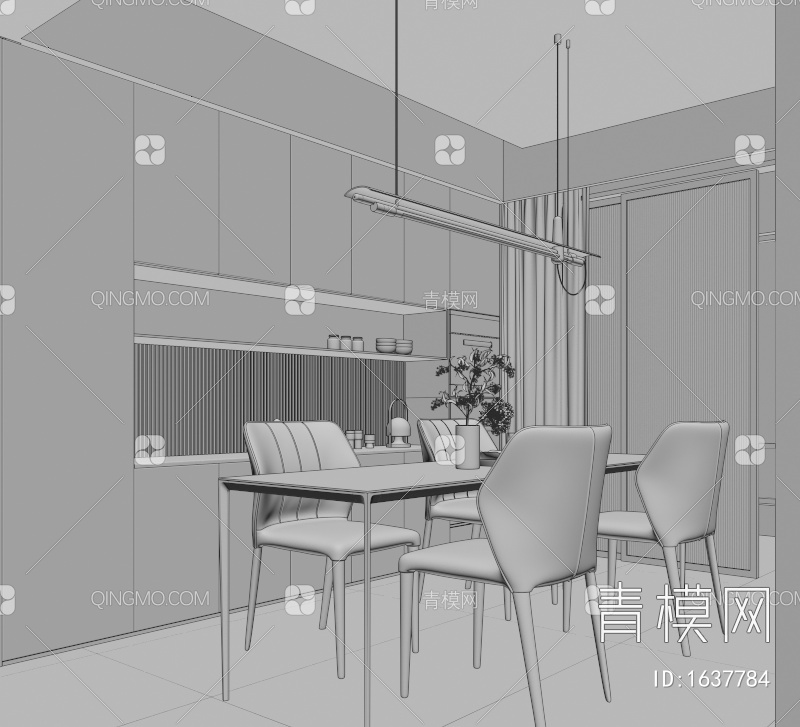 餐厅 餐桌椅 吊灯 酒柜 推拉门 书柜 移门 玻璃柜3D模型下载【ID:1637784】