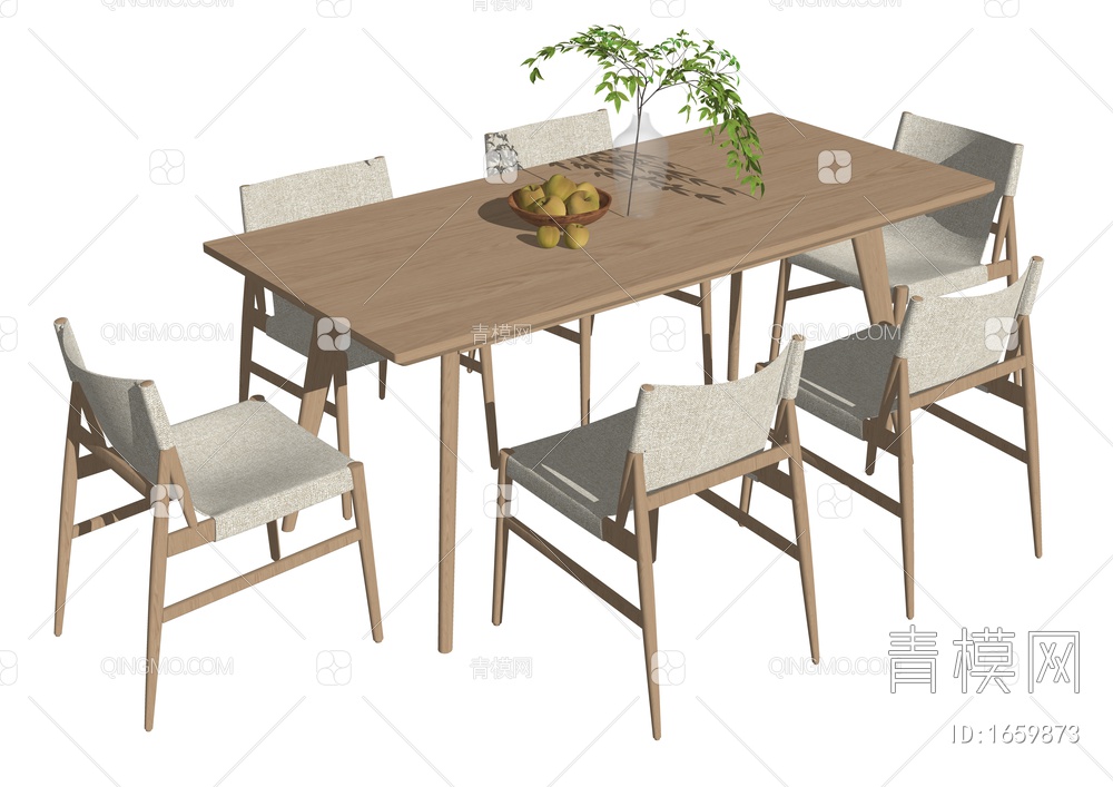 原木餐桌椅组合 原木餐桌 花瓶SU模型下载【ID:1659873】