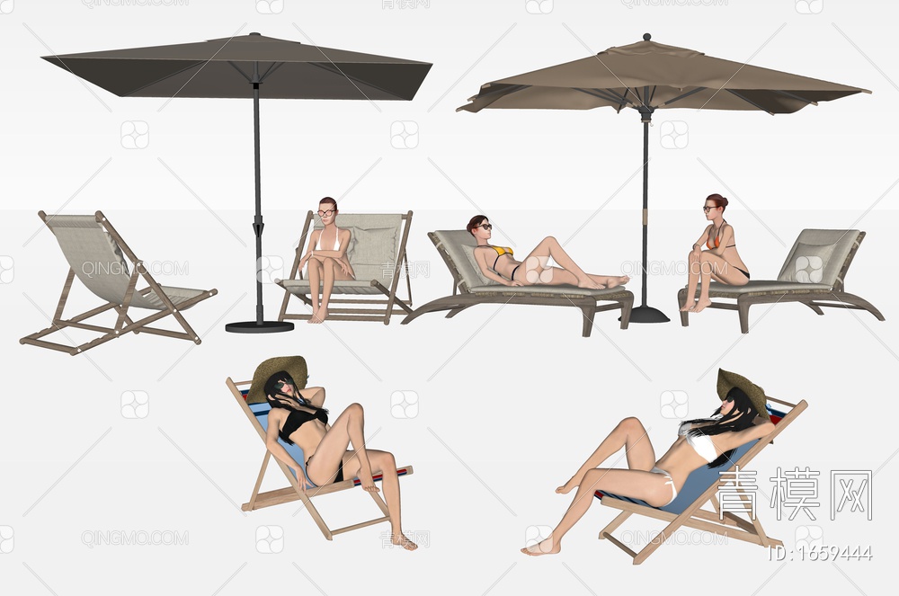 比基尼美女 人物 沙滩人物 游泳人物 晒太阳人物 美女 遮阳伞 户外躺椅SU模型下载【ID:1659444】