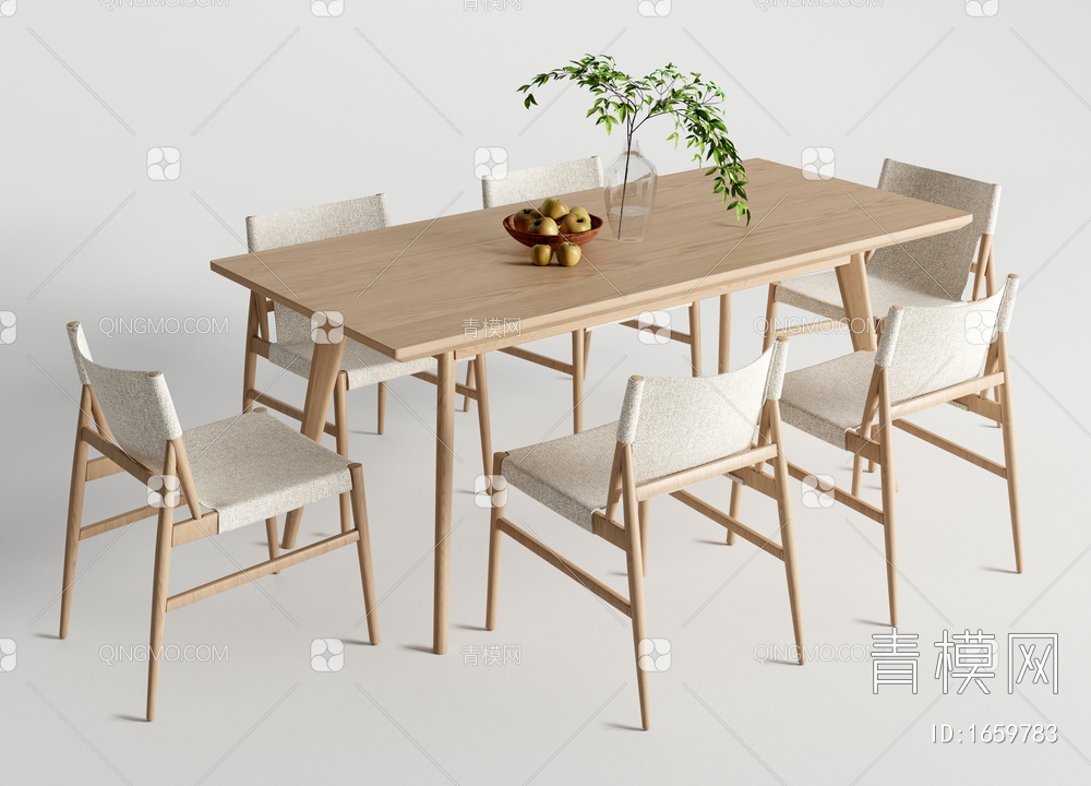 原木餐桌椅组合 原木餐桌 花瓶3D模型下载【ID:1659783】