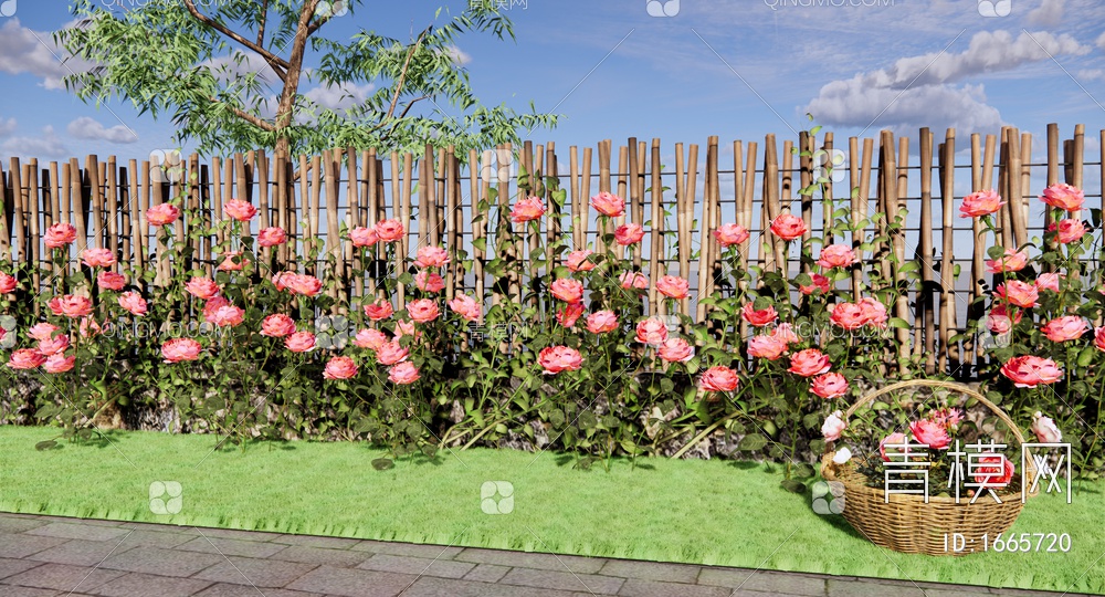 爬藤植物 玫瑰花 月季花 藤蔓植物 庭园景观格栅花墙 栅栏围墙 花藤SU模型下载【ID:1665720】