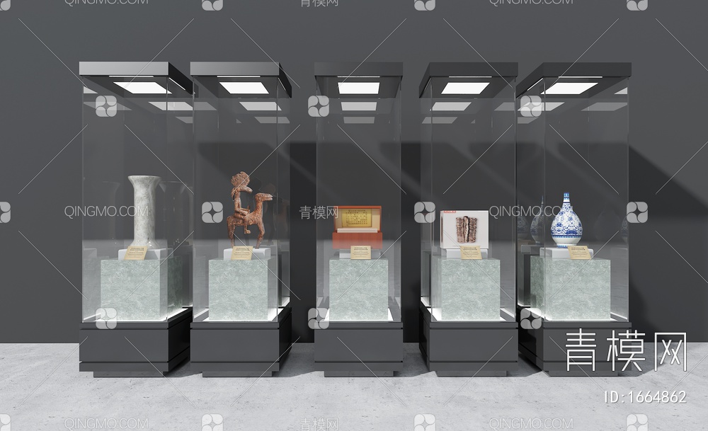 古代展厅 玻璃展示柜 中国文化玻璃展示柜3D模型下载【ID:1664862】