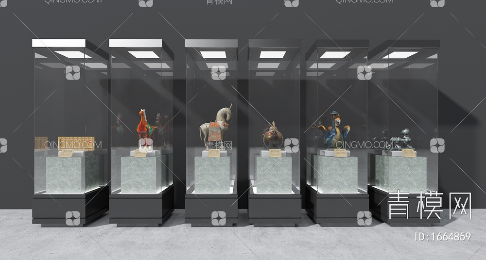 古代展厅 玻璃展示柜 中国文化玻璃展示柜3D模型下载【ID:1664859】
