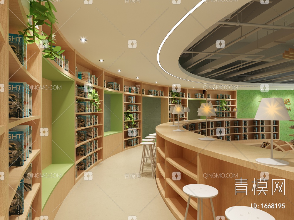 书吧，书店，书柜，书架，多功能书吧，木纹，咖啡吧，格顶，藏书阁3D模型下载【ID:1668195】
