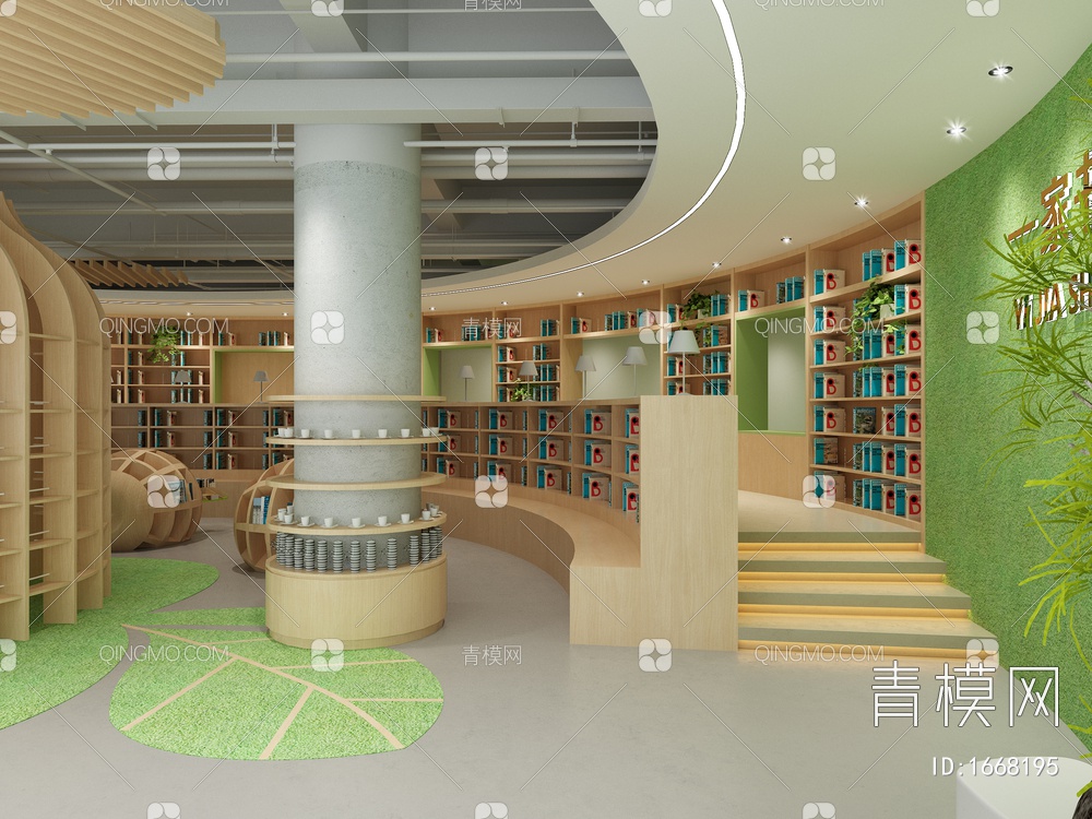 书吧，书店，书柜，书架，多功能书吧，木纹，咖啡吧，格顶，藏书阁3D模型下载【ID:1668195】