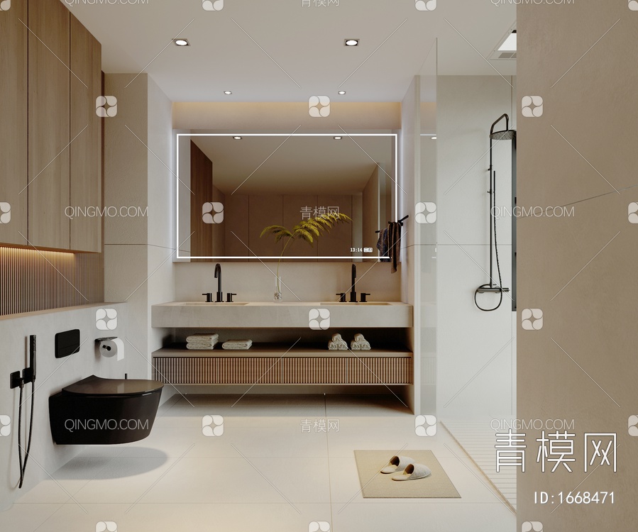 卫生间，台盆柜，淋浴房，坐便器，镜子，卫浴柜3D模型下载【ID:1668471】