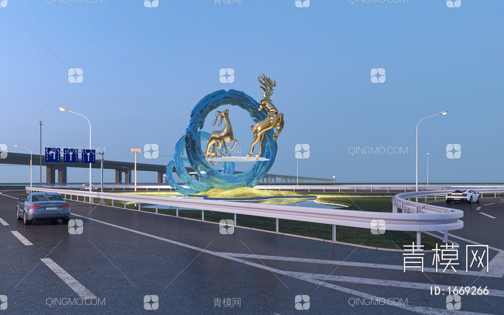 马路公路道路高速出口精神堡垒雕塑设计栏杆路灯小轿车高架麋鹿雕像SU模型下载【ID:1669266】