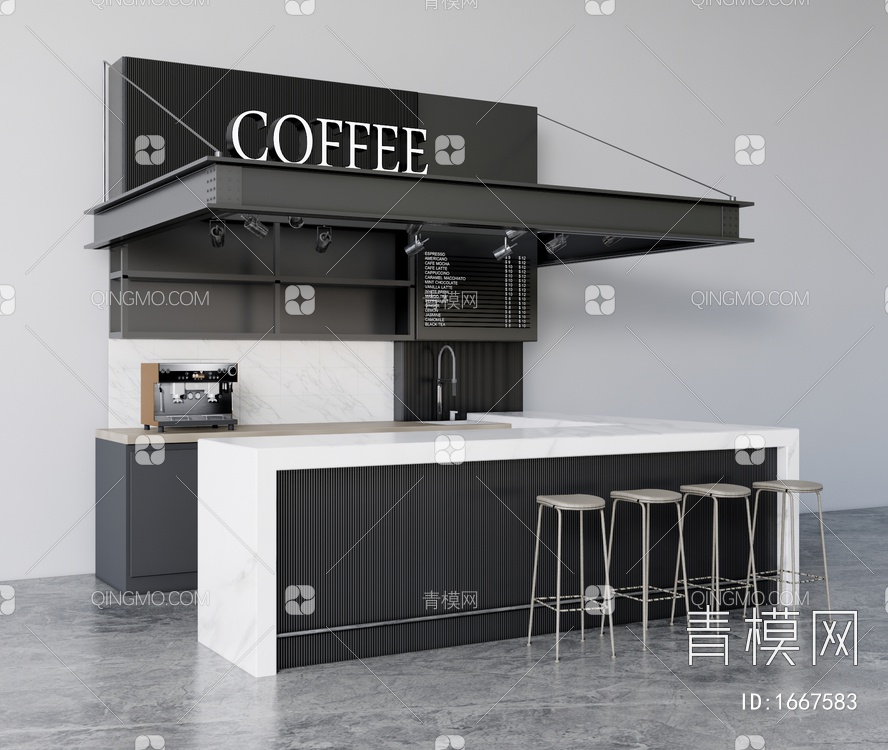 咖啡厅收银台 咖啡吧台 咖啡用品 咖啡厅吧椅SU模型下载【ID:1667583】