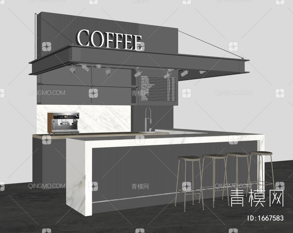 咖啡厅收银台 咖啡吧台 咖啡用品 咖啡厅吧椅SU模型下载【ID:1667583】