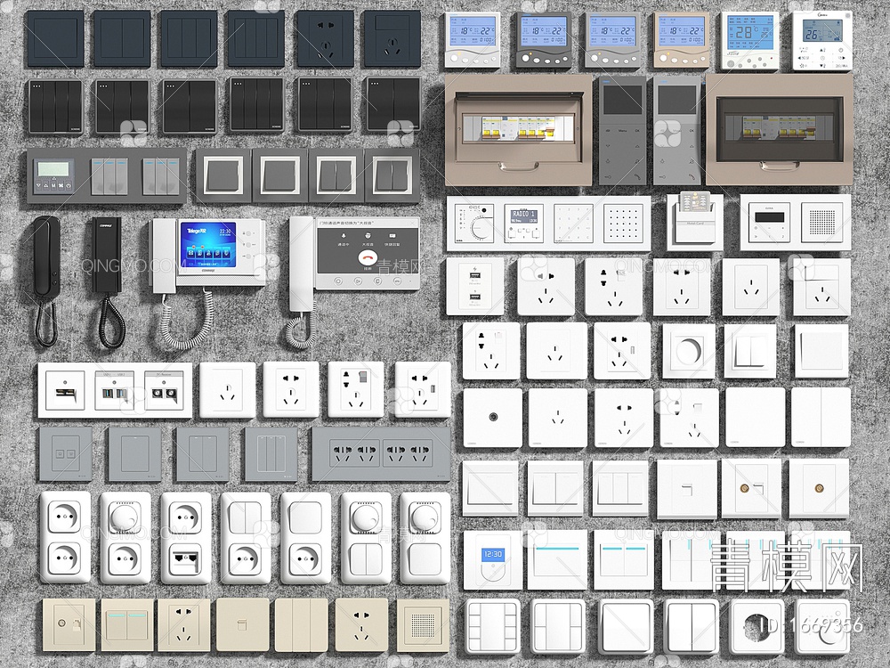 开关 插座 面板 电话 强电箱组合 智能开关 强电箱 弱电箱SU模型下载【ID:1669356】