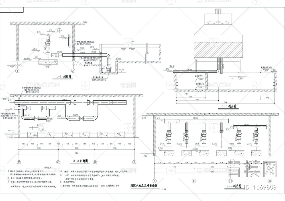 冷却循环水泵房CAD机械图【ID:1669809】