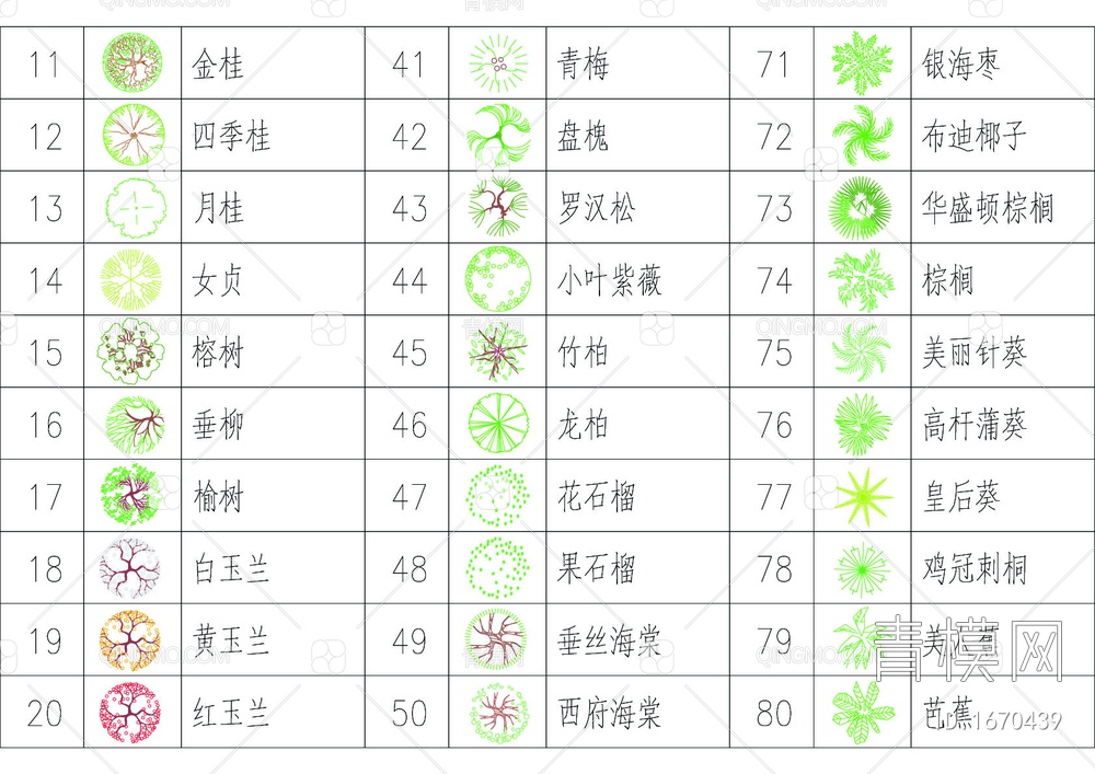 苗木表cad图库【ID:1670439】