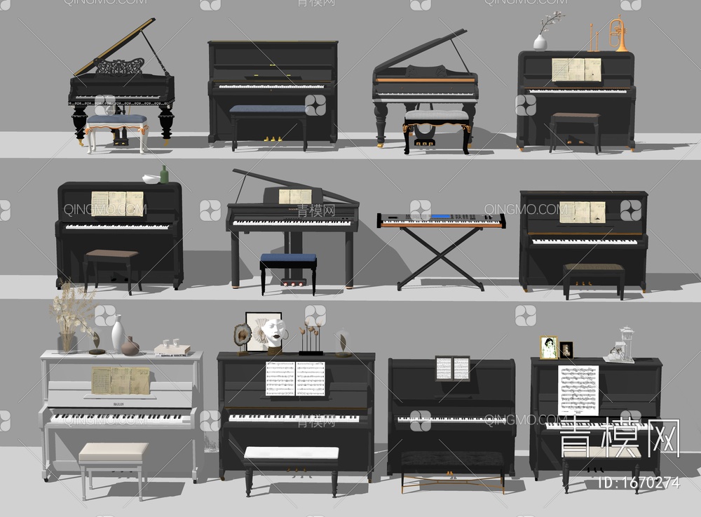 钢琴 钢琴组合 电子琴 乐器  三角钢琴SU模型下载【ID:1670274】