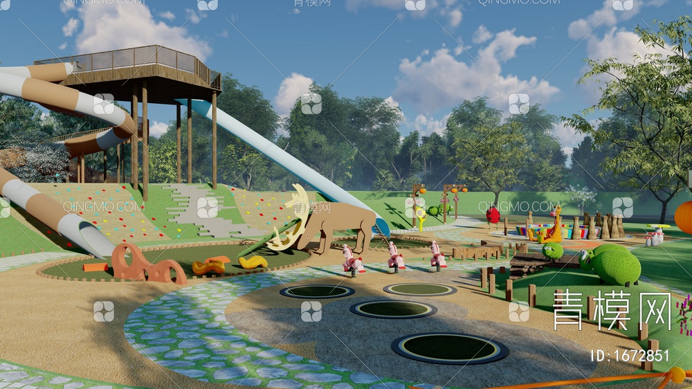 儿童游乐园 滑滑梭梭板 无动力公园SU模型下载【ID:1672851】
